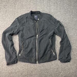 GAP Jacket Women XS Petite Black Bomber Cafe Racer Zipper Pockets Ribbed Collar